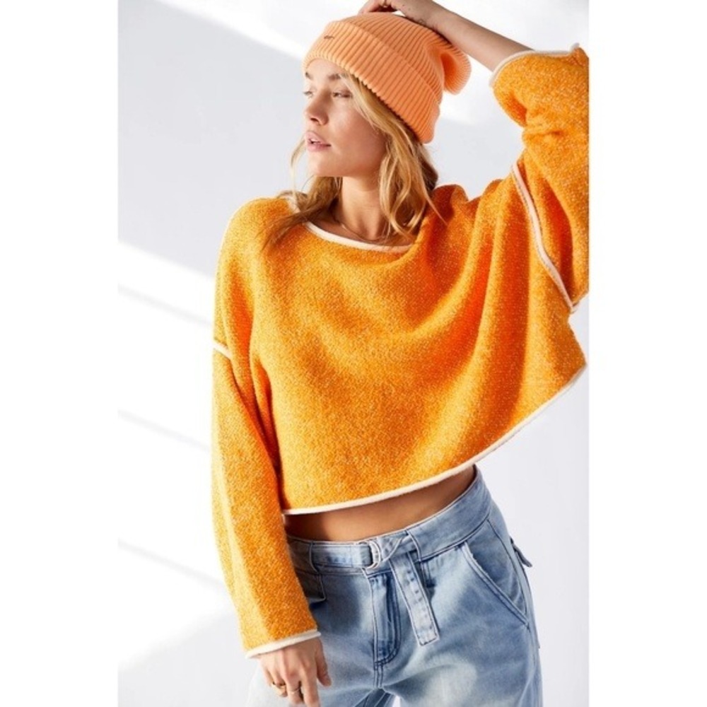 Free People Bardot Cropped Orange‎ Textured Knit Boat Neck Long Sleeve Sweater S